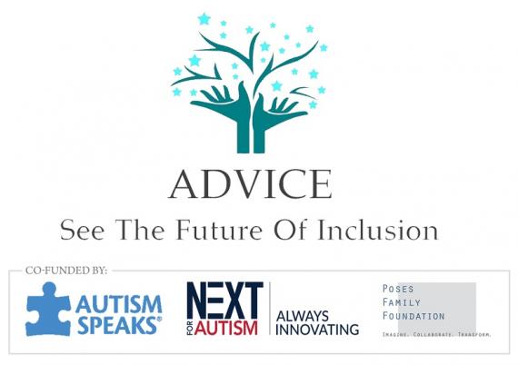 ADVICE logo and the cofunders, Autism, NEXT for AUTISM, and Poses Family Foundation